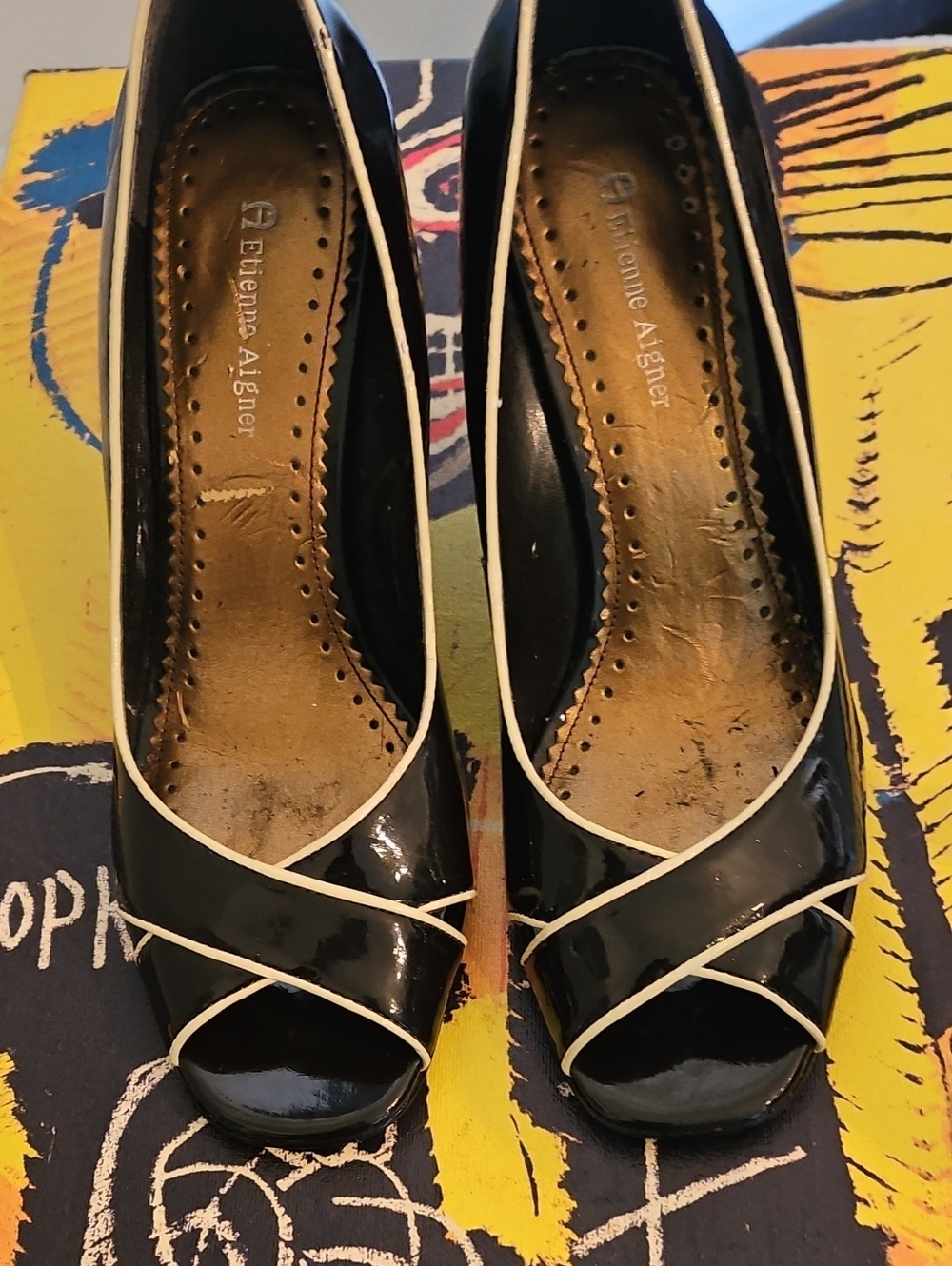 Etienne Aigner Black Patent Peep-Toe Pumps with White Trim